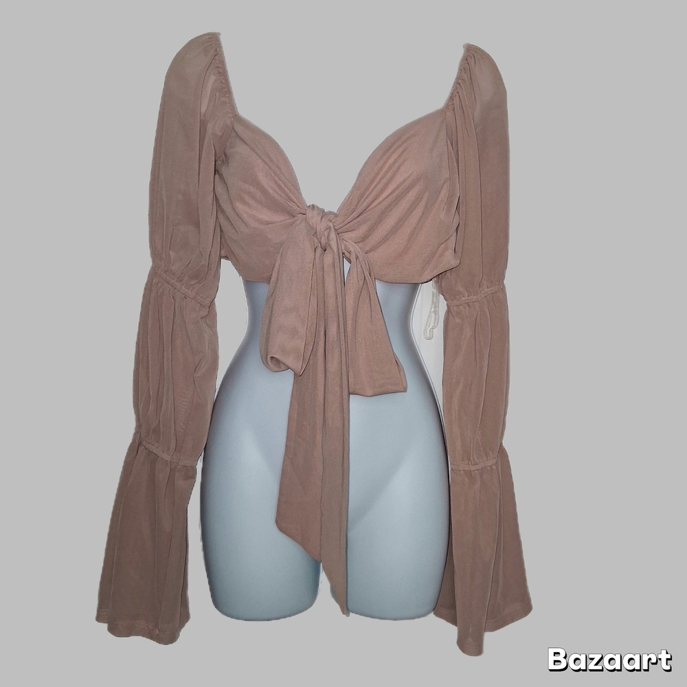 Good Time USA Women's Long Sleeve Tie Front Crop Top Blouse Party NWT